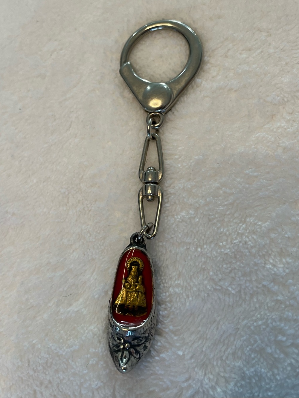 Silver-tone Red Enamel Virgin of Covadonga Religious Shoe Keychain-Women’s